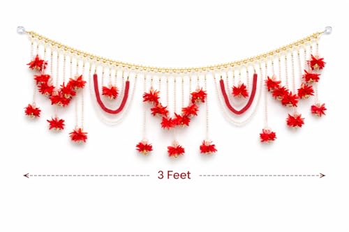 Image of Luxury Red Floral Pearl Toran 3 Feet | Handcrafted Traditional Bandhanwar for Door & Mandir | Festive Indian Home Decoration
