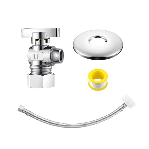 1 Pack Complete Toilet Valve Set, Includes 1/2'' Nom Inlet x 3/8'' OD Compression Outlet Angle Shut Off, 7/8" BC x 3/8" COMP Toilet Water Supply Line, Escutcheon Plate, Sealing Tape (12 Inch)
