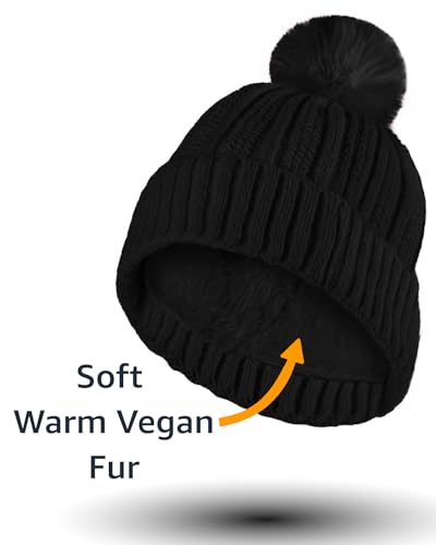 Image of Nollia Women's Pom Pom Knit Winter Beanie for Cold Weather - Warm Fleece - Cable Knit