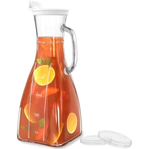 Glass Pitcher with Lid and Spout, 2 Quart (64 oz / 1.9 Liter) Juice Carafe with Handle, BPA-Free, Dishwasher Safe, Square Water Pitcher for Sun & Iced Tea, Sangria, Lemonade, Party, Mimosa Bar Cover