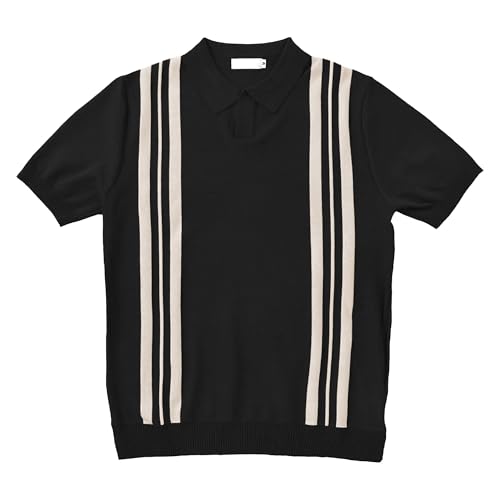 Men Small V Collar Knitted Shirts Ice Silk Vertical Striped T Shirt Summer Casual Comfortable Pullover Tops (Black,Medium)