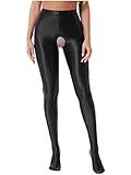 YUUMIN Damen Strumpfhose Offener Schritt Glänzend Stretch Seidenstrumpfhose Blickdicht Crotchless Leggings Pantyhose Ouvert Erotisch Nachtwäsche Schwarz XL