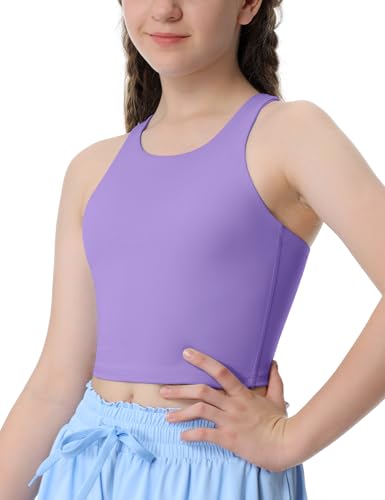 Image of Girls Tank Tops Double Lined Crop Tops for Kids High Crew Neck Racerback Basic Sleeveless Dance Top for Girls
