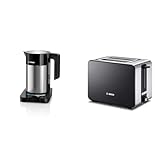 Bosch TWK7203 kabelloser Wasserkocher, Abschaltautomatik, 7 Temperatureinstellungen, 1,7 L, 2200 W, schwarz & TAT7203 Kompakt-Toaster, Auftau/Aufknusperfunktion, 1050 W, Edelstahl/schwarz