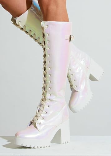 Sparkl Fairy Couture Women's Lace Up Knee High Boots Chunky Block Heel Side Zipper Paris Boots White3
