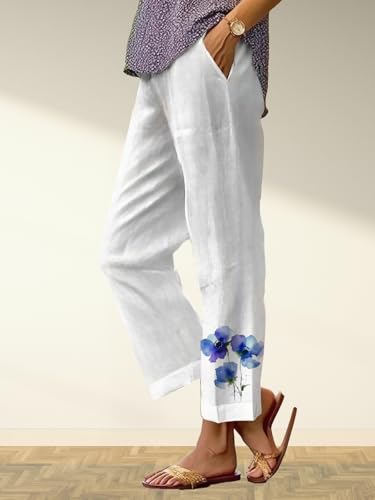 Women's Boho Floral Print Straight Leg Pants High Waist Elastic Baggy Trousers Summer Vacation Beach Pants with Packet2