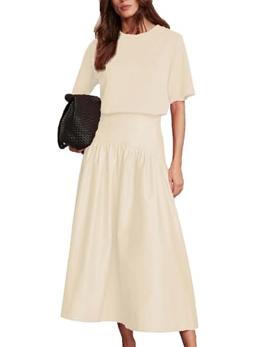 Bozanly Summer Two Piece Outfits Skirts Set for Women Crewneck Short Sleeve Tee and Midi Skirt Sets Dresses