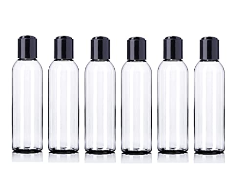 ljdeals 4 oz Clear Plastic Empty Bottles with Black Disc Top Caps, Squeezable Refillable Containers for Shampoo, Lotions, Cream and more Pack of 6, BPA Free, Made in USA