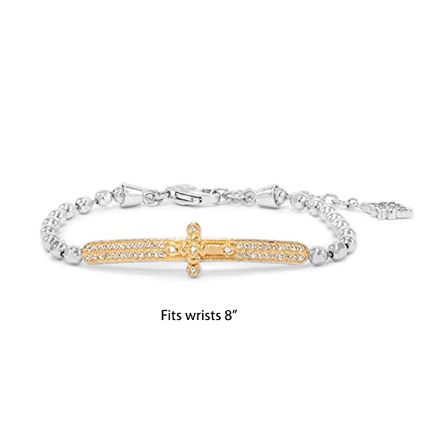 New Beginnings By Janyl Adair - Rhodium & Yellow Gold Plated .925 Sterling Silver White Zircon Flower Cross Ball Chain Link Bracelet - 6-3/4" - 8" #TOP1