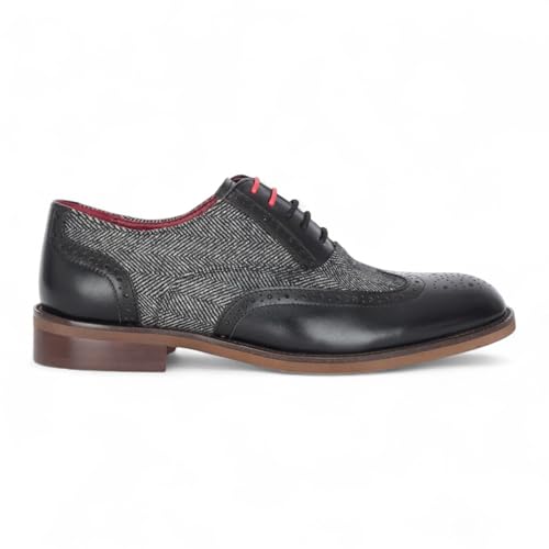 Men's Black Leather Tweed Brogue Shoes - Albert