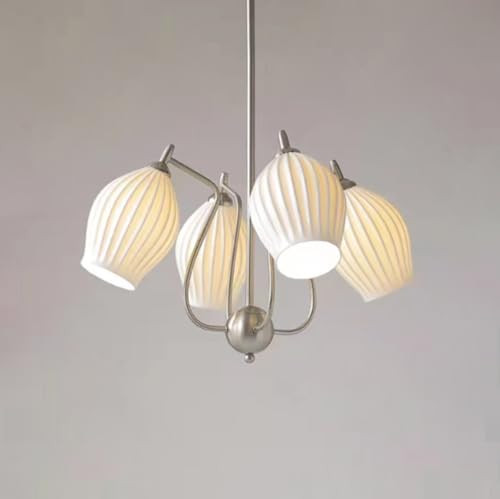 Lustre en nickel brossé et céramique striée, l'artisanat français au plafond
