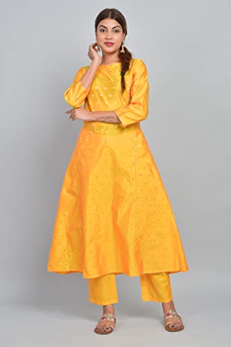 Image of Riara Art Silk Women Long Anarkali Kurti with Pant Polka Dot A-line Ladies Ethnic Wear Dress