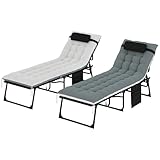 Outsunny Lot de 2 bain de soleil, chaise longue pliante en textilène, transat jardin extérieur inclinable, coussin, appui tête, poche latérale, pour patio, piscine, terrasse, 60x190x31cm, gris et noir