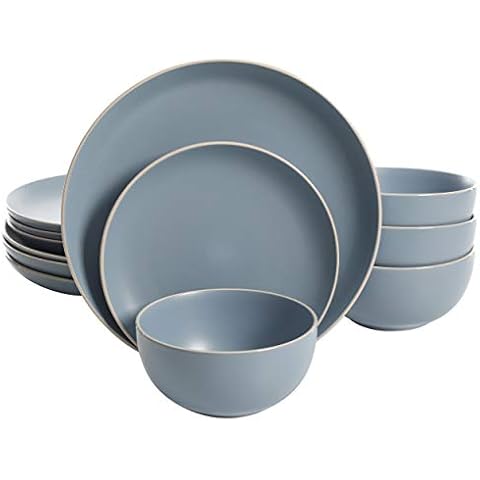 Gibson Home Rockaway Round Stoneware Dinnerware Set, Service for 4 (12pcs), Blue Cover