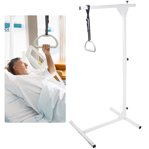 POPMOON Bed Trapeze Bar Adjustable Height Heavy Duty Steel Trapeze Bar for Bed Mobility Aids Load Capacity 300 Lbs Free Standing Trapeze Bars Suitable for Hospital Bedroom (White 29.3 W x 68.5 H)