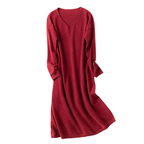 Robe longue en laine col en V ample pour femme : fini le froid avec ce tricot rouge doux