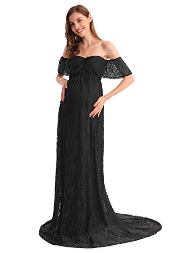 AYMENII Vestido de maternidad con hombros descubiertos y mangas con volantes para mujer, de encaje, para sesiones de fotos, para boda, noche, para baby shower