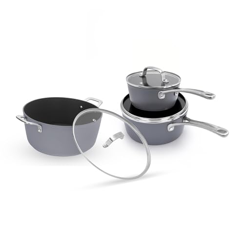 Laura Ashley 3 Pcs Saucepan Sets Non Stick with Lids (16cm,20cm) & a 28cm Casserole Pot Set with Glass Lids - Durable Forged Aluminum, PFOA-Free, Easy to Clean Induction Pan Set & 10-Year Guarantee