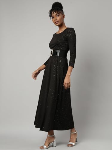 Image of SHOWOFFFF Women Solid A-Line Party Dress | Round Neck 3 /4th Sleeves Nylon Dress for Womens | Maxi Dress for Women's
