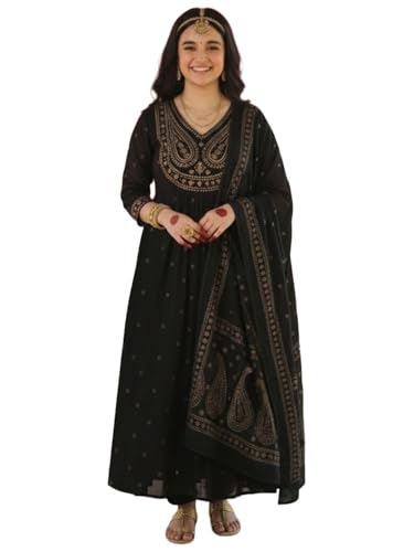 Ensemble Kurta Anarkali rouille avec dupatta en coton brodé pour femme