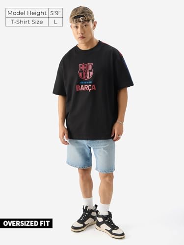 The Souled Store Official FCB: Camp NOU Men and Boys Short Sleeve Round Neck Black Graphic Printed Cotton Oversized T-Shirts