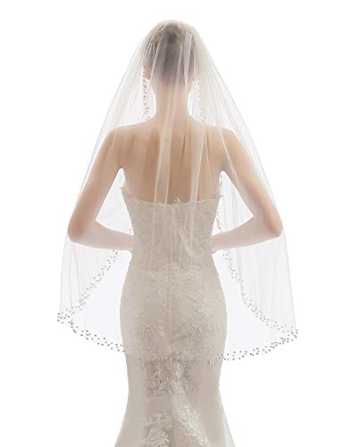 Elawbty Womens 1 Tier Fingertip Length Pearl Wedding Bridal Veil With Comb X12 Ivory #TOP4