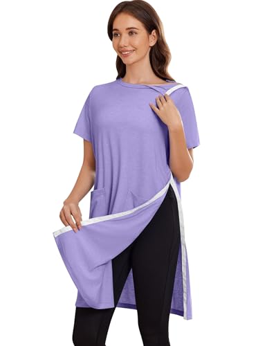 Image of Deyeek Women's Post Shoulder Surgery Hospital Gowns Tear Away Short Sleeve Full Open Side Snap Adaptive Clothing Nightgowns
