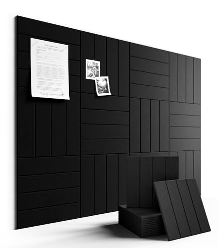 Fluxynara Felt Bulletin Board Tiles Large 48" x 36" Cork Board Alternative-12 Pack with 70 Adhesive Tabs, Thick Slat Wall Panels for Office Decor, Push Pin Board Wall Organizer Alternative -Black