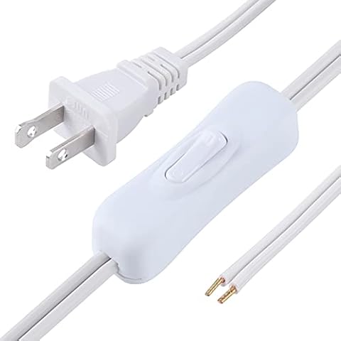 Lamp Cord has Button Switch UL304 2A/120V,Plug,Stripped Ends Ready for Wiring 18 AWG SPT-2, White (12FT) Cover