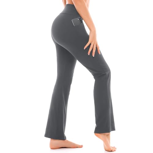 Walifrey Flare Leggings with Pocket for Women,High Waisted Opaque Flare Pants for Yoga Workout 32 Grey XL