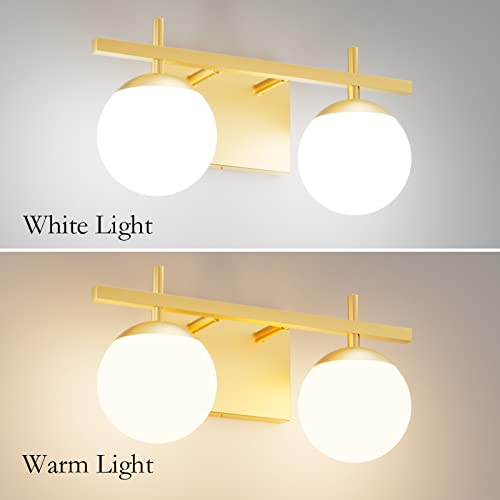Image of Ralbay 2-Light Gold Vanity Light Mid Century Modern Bathroom Vanity Light Fixture Milky Glass Globe Bathroom Wall Light Fixtures Gold 2 Light