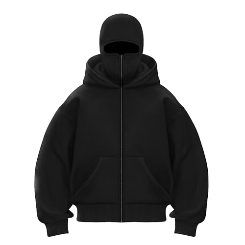 TOSTOK Men's Balaclava Hoodie Winter Double Layer Hooded Sweatshirt with zipper, Fleece-Lined Hip-Hop Hoodie(US, Alpha, Small, Regular, Regular, Black)