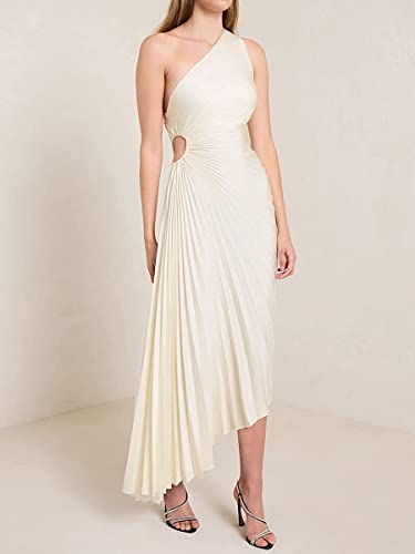 Off One Shoulder Maxi Dresses For Womens Cut Out Waist Pleated Irregular Long Dresses Elegant Party Cocktail Formal Dresses (Beige,Large,Large) #TOP5