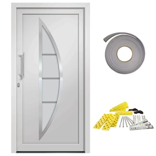 Puerta de entrada blanca 98 x 200 cm, marco de puerta de PVC con relleno de núcleo sándwich de 24 mm, cierre de hongo de 5 puntos, puerta exterior de aluminio con acristalamiento aislante y mango de