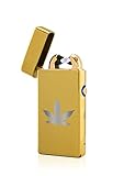 TESLA Lighter T08 Lichtbogen Feuerzeug Elektronisch, mit Wunsch-Gravur, personalisiert als Geschenk zu Weihnachten, Geburtstag etc, wiederaufladbar per USB inkl. Geschenkverpackung, Hanfblatt Gold
