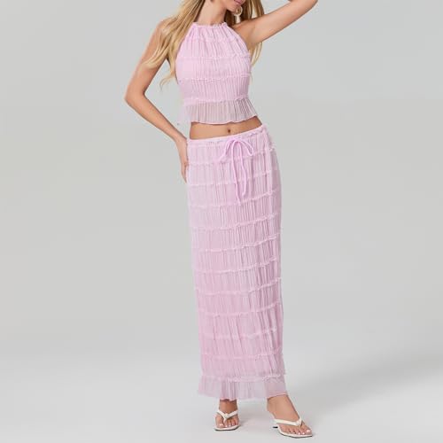 Image of Women Y2K Skirt Set Outfits Strapless Crop Top Bodycon Midi Skirt Dress Sexy 2 Piece Knit Outfits Skirt Summer