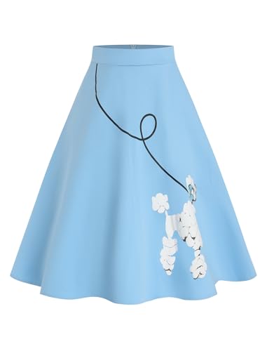 ZEZCLO Womens 50s Vintage Poodle Skirt Dog Printed High Waist Loose Fold Pleated A-line Zipper Skirts Blue White-Poodle M