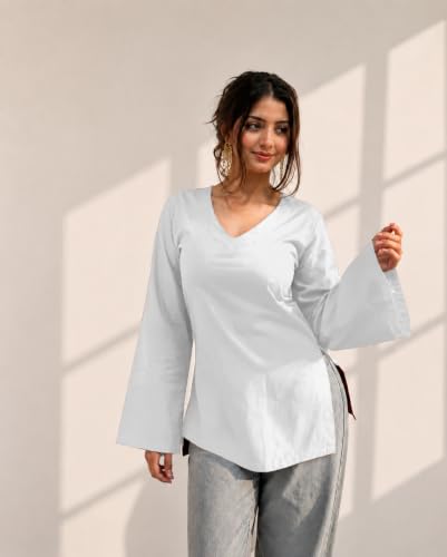 Image of Women's Cotton Short Kurti Black Solid Plain V Neck Full Bell Sleeve Casual Stylish Short Kurta for Women for Jeans Daily Girl Top