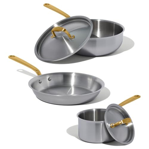 Image of Made In Cookware - 5 Pc Stainless Steel Cookware Set (Antique Brass Handle) - 5 Ply Clad - Includes Stainless Steel Frying Pan, Saucepan and Saucier with Lid - Professional Cookware - Crafted in Italy