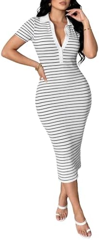 Ulovmi Women's Polo Collar Striped Midi Dress Ribbed Knit Bodycon...