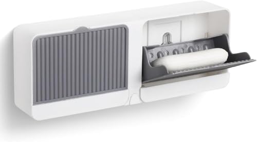 Image of RERANT Wall Mounted Soap Holder Box with Lid and Pull-Out Drain Tray, Adhesive Wall Installation Soap Case with Hook, Bathroom Bar Soap Storage Organizer Unit