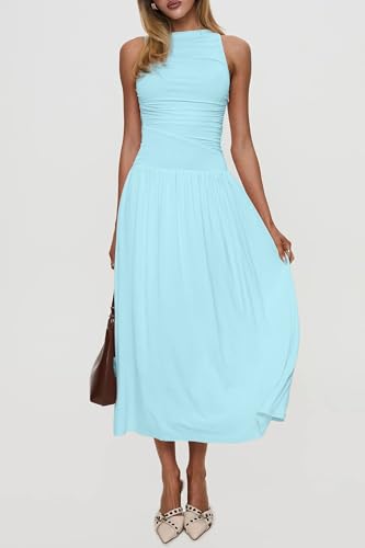 Image of Womens Summer Casual Midi Maxi Dress 2026 Sleeveless Ruched A Line Flowy Cocktail Wedding Guest Beach Long Sundress
