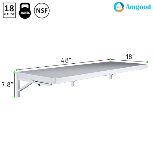 Image of AmGood Stainless Steel Folding Wall Shelf 18 in. x 48 in. | NSF | Concession Stand, Food Truck, Kitchen, Restaurant, Garage, Laundry, Utility Room