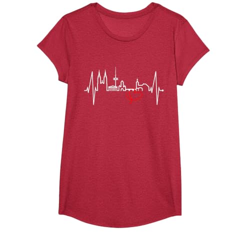 Regensburg Skyline Heartbeat German Heart I Love Regensburg T-Shirt, Girls, Red Heather, Medium