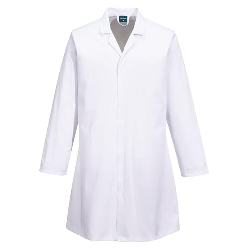 Portwest 2210 Food Industry No Pocket Coat Non Shrink Industrial Laundry Workwear Concealed Stud Front Contrast Collar Hygienic Catering Protective Coat, White, M