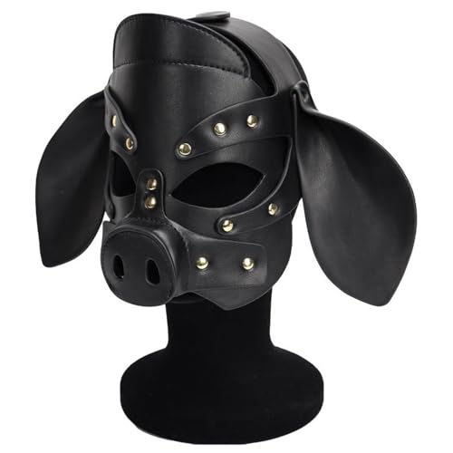 Dermica Adults PU Leather Pig Hood Mask Cosplay Pig Full Face Pullet Hood Mask Suitable for Head Circumference 23-27 inch (Leather Black)
