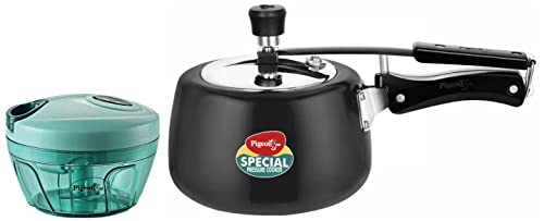 Pigeon By Stovekraft Hard Anodised Aluminium Inner Lid Cooker – 3 Litre With Induction Base (Contura), Medium & Plastic Mini Handy And Compact Chopper With 3 Blades (Green, 400 Ml) For Rs. 1028 @ 67 %