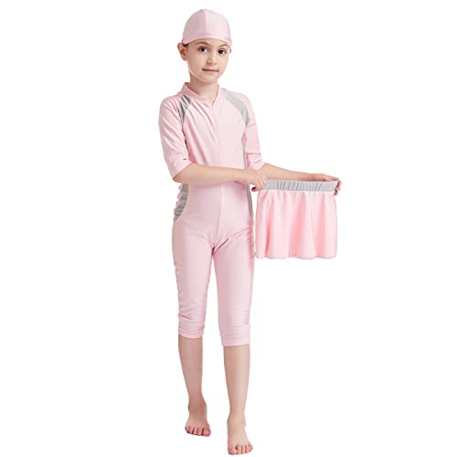 Muslim Swimsuits for Girls Kids: Bathing Suits Modest Swimwear Islamic Half Sleeve Burkini Swimsuit Skirt Full Cover Hijab Swim Cap One Piece Rash Guard Sunsuit Wetsuit Set Light Pink 9-10 Years