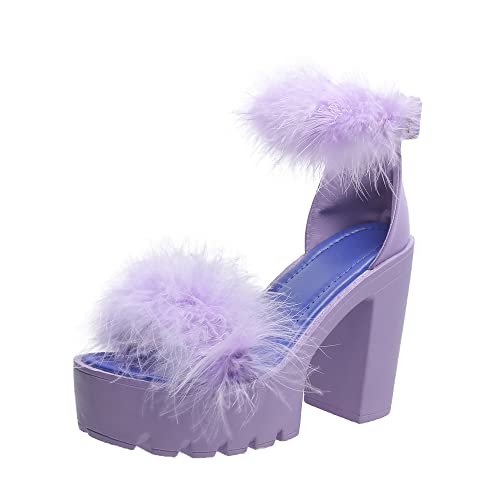 YSMIIH Women'S Faux Fur Chunky Heel Sandals Platform Open Toe Fuzzy Ankle Strap Sexy Colorful Wedding Dress Heels(Purple,8.5