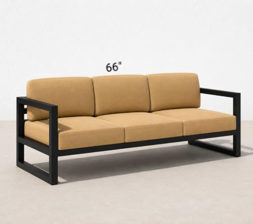 Image of Modern 3-Seater Sofa with Beige Cushions & Black Metal Frame Set Upon a Sturdy Black Metal Geometric Base Frame.